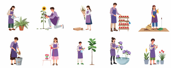 Fototapeta premium Floristry and Gardening Tasks: A complete set of illustrations depicting professionals caring for flowers, potting plants, arranging bouquets, and maintaining the flower shop environment.