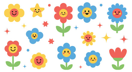 Cute Smiling Flowers and Star Vector Clipart Set