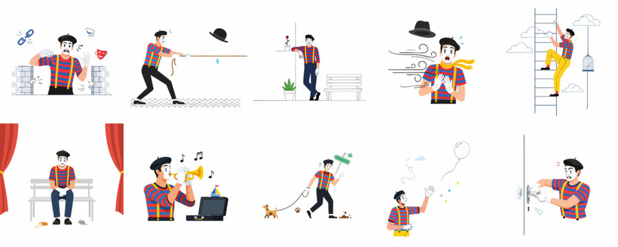 Set of illustrations showing a mime artist performing classic pantomime acts: struggling with invisible walls, wind, ropes, and climbing ladders.