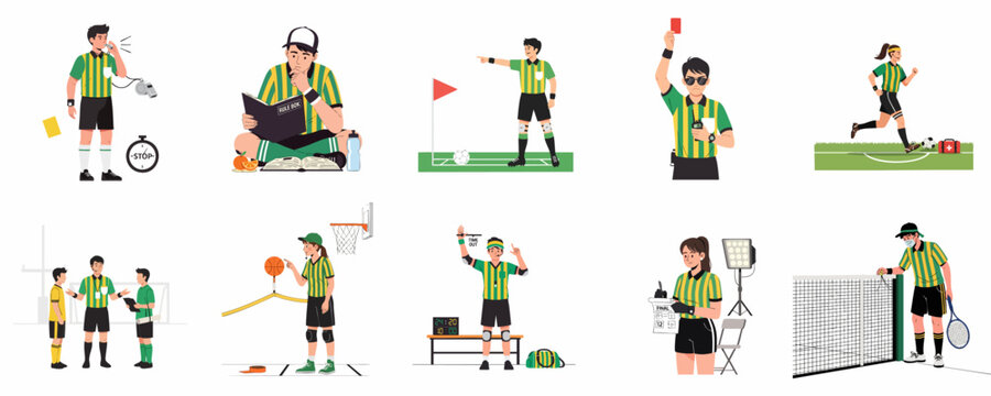 Set of vector illustrations depicting sports referees and officials performing various duties, including signaling fouls, managing games, and administering rules.