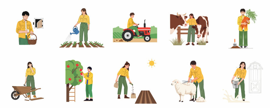Farm life activities illustration set: Farmers planting seeds, harvesting vegetables, collecting eggs, milking cows, shearing sheep, and driving tractors.