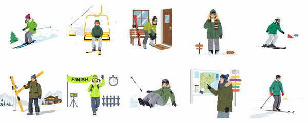 Fototapeta premium Illustrations set of skiing adventures: Skier on slope, ski lift ride, preparing gear, checking resort map, finishing race, and enjoying winter vacation activities.