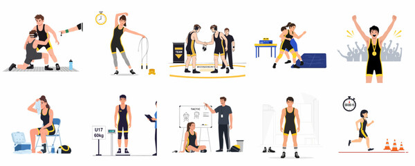 Fototapeta premium Wrestling and Combat Sports Flat Vector Illustration Set: Training, Competition, Weigh-in, Injury, Coaching, and Victory Moments.