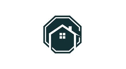 Obraz premium Minimalist Real Estate Logo Design Presenting Geometric House Inside Octagonal Frame