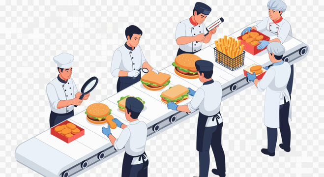 Chefs working on a food production line with burgers and fries.