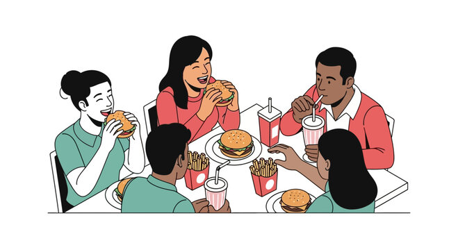 People eating burgers and fries together at a table.