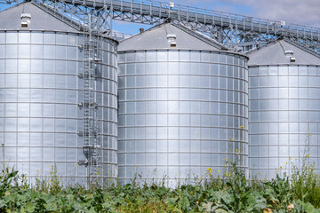 Fototapeta premium Industrial grain elevator and agro-processing plant with metal silos and conveyor system. Agricultural facility for drying, cleaning, and storage of crops against a blue cloudy sky.