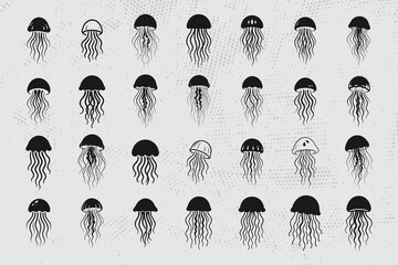 Black and white jellyfish illustrations on gray background © DzgnVibe