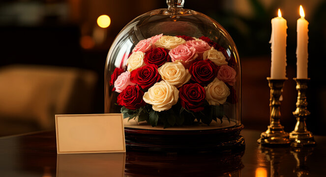  large glass dome with red, white, and pink roses 