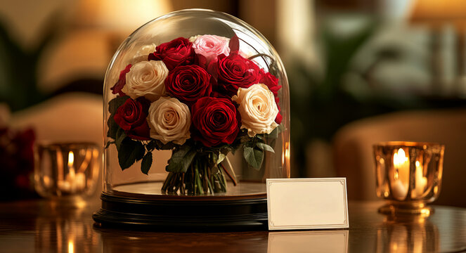  large glass dome with red, white, and pink roses 