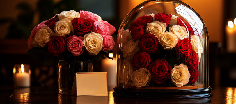  large glass dome with red, white, and pink roses 