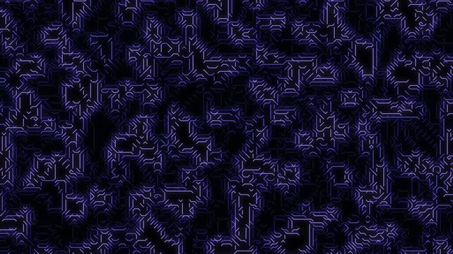 Abstract digital circuit board pattern with glowing electric purple lines on a dark black background, evoking futuristic technology and artificial intelligence. Abstract