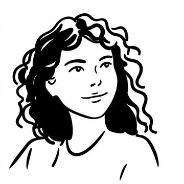 Black and white vector illustration of a smiling young woman with curly hair isolated on white background