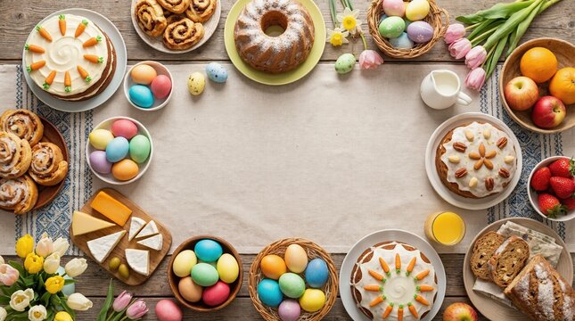 Easter brunch flat lay with carrot cake and pastel eggs. Top view of festive food spread on wooden table. Central copy space for text