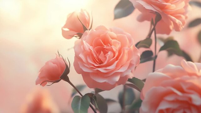 Soft Peach Roses in Warm Light Romantic Floral Garden Background Video