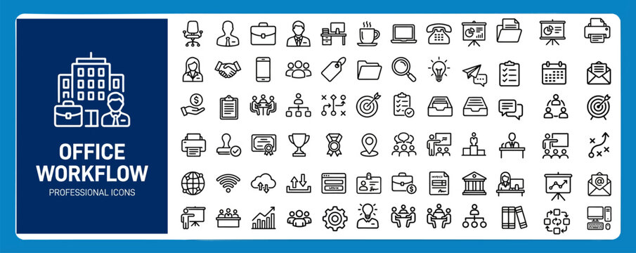 Office Workflow and Business Process Outline Vector Icon Set &mdash; Productivity and Workflow Automation Editable Stroke Icons for Web and App UI