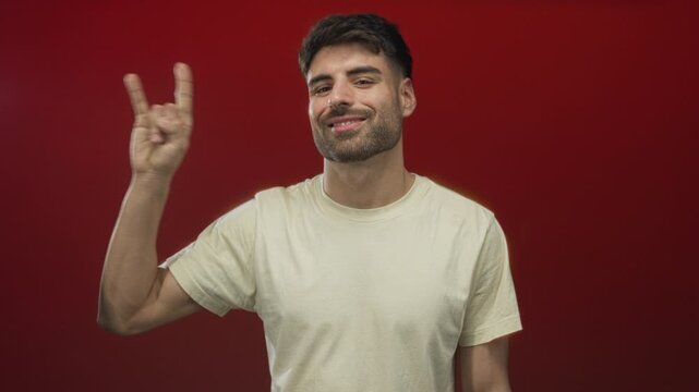 Young hispanic man smiles and makes rock horns gesture while wearing a white tee in a red studio; joy spontaneity energy celebration.
