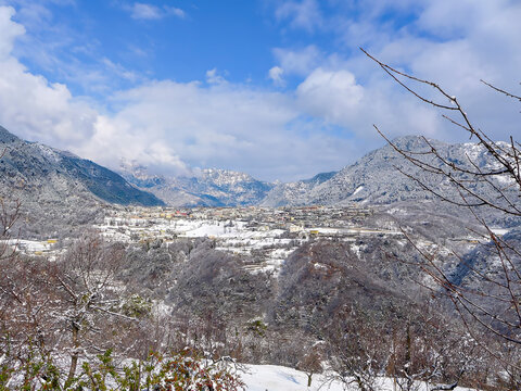 View from Priezzo of Vesio in winter. Priezzo and Vesio are villages in the municipality of Tremosine.