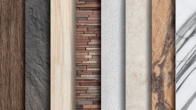 Set of various building material textures and surfaces for interior design including wood, stone, brick, and marble