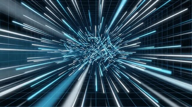 Futuristic hyper speed light trails over digital grid background, blue glowing motion blur lines, high tech data transfer and warp speed concept