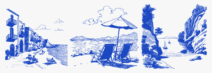 Italian summer seaside street umbrellas rocky bay. Hand drawn style promenade, deck chairs and cliffs with boats in retro blue chalk sketch. Illustration for posters and travel decor. © Alena creator
