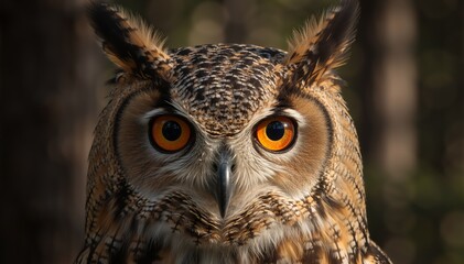 Close up portrait of an owl with intense orange eyes. Detailed head shot of a bird of prey. Wildlife photography of a nocturnal hunter