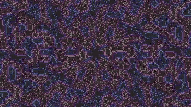 Hypnotic and complex symmetrical mandala pattern in deep purple and blue tones, rendered with a detailed, abstract, and organic linework aesthetic, creating an otherworldly and intricate vis