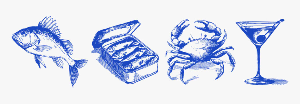 Seafood fish sardines crab martini cocktail set. Hand drawn blue ink style food icons. Mediterranean vintage objects for menu, restaurant or packaging design.