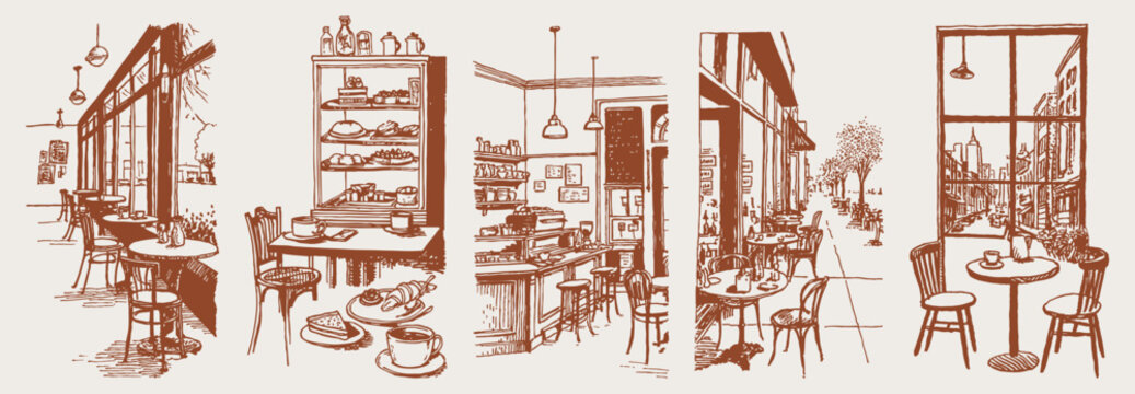 Cozy bakery cafe interior coffee counter shelves set. Hand drawn crayon vintage sketch style drawing line style with pastries, bread, cups and tables. Warm breakfast shop scenes for menu or poster.