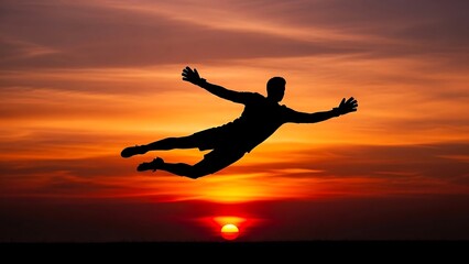 Man jumping in mid air at sunset.