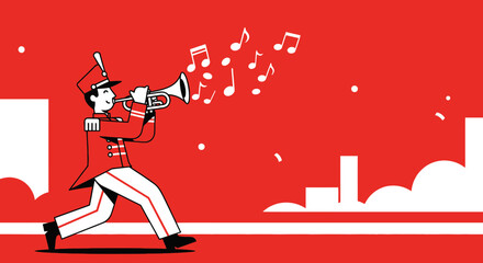 Marching Musician With Trumpet And Musical Notes Minimalist Style