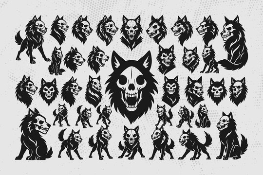 Set of aggressive wolf skull illustrations in black and white