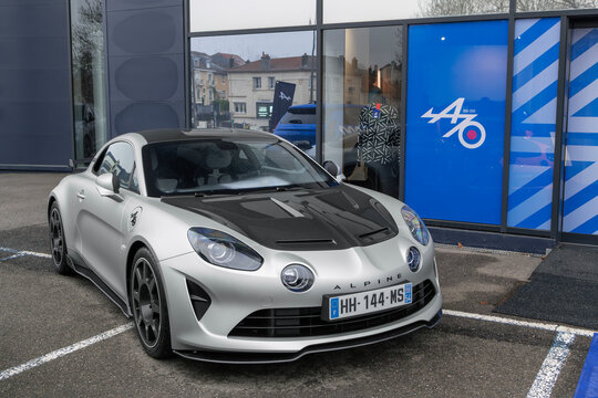 Laxou, France - January 20th 2026 : View on a grey Alpine A110 R parked on a street.