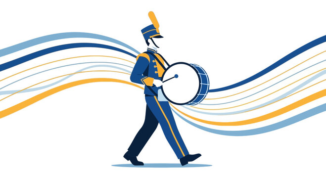Marching Percussionist In Uniform With Abstract Musical Waves