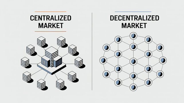 Centralized vs. Decentralized Market: An illustration comparing and contrasting the structures and concepts of a centralized market versus a decentralized market.