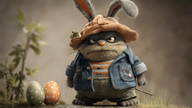 Ein grimmiger Osterhase mit Weste und Hut.