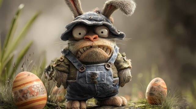 Ein grimmig schauender Osterhase mit Latzhose, Hut und Ostereiern.