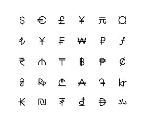 Different Types Currency Sign Black Thin Line Icon Set Include of Dollar, Euro, Shekel and Yen. Vector illustration of Icons