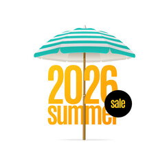 Summer Sale Concept with Realistic Detailed 3d Sun Umbrella on a White Background. Vector illustration of Summertime Season Discount