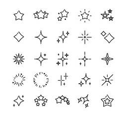 Different Types Stars Sparkle Sign Black Thin Line Icon Set. Vector illustration of Glowing Light Effect Icons
