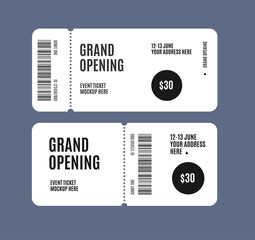 Realistic Detailed 3d Grand Opening Event Entry Tickets Template Mockup Set. Vector illustration