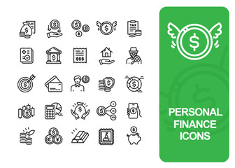 Personal Savings Finance Sign Black Thin Line Icon Set Include of Insurance, Tax and Mortgage. Vector illustration of Icons