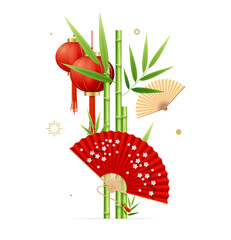 Welcome to Japan Concept with Realistic Detailed 3d Element Include of Handing Lanterns, Green Bamboo Shoots and Hand Fans. Vector illustration