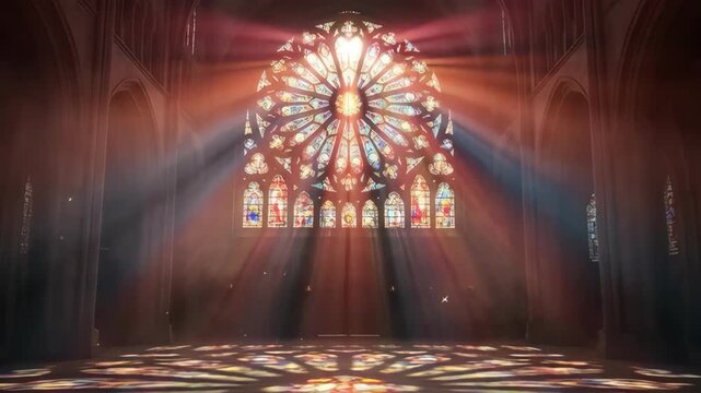 Stained glass rose window casting colorful light beams and rays across church interior cathedral
