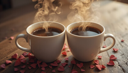Fototapeta premium Two Cups of Coffee with Heart Confetti on Wooden Table