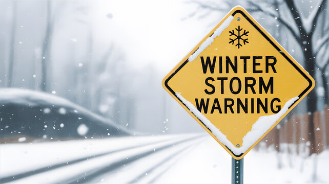 A yellow winter storm warning sign on a snowy road with a car in the background.