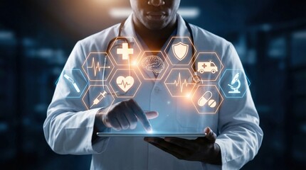 Medicine doctor with stethoscope touching virtual hologram screen interface