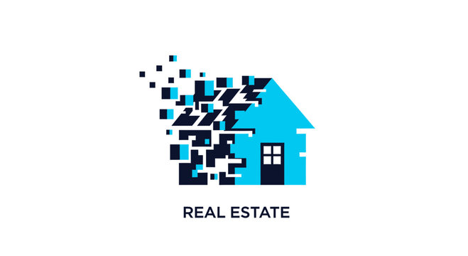 Modern House Icon Exploding Into Pixels Representing Digital Real Estate Technology