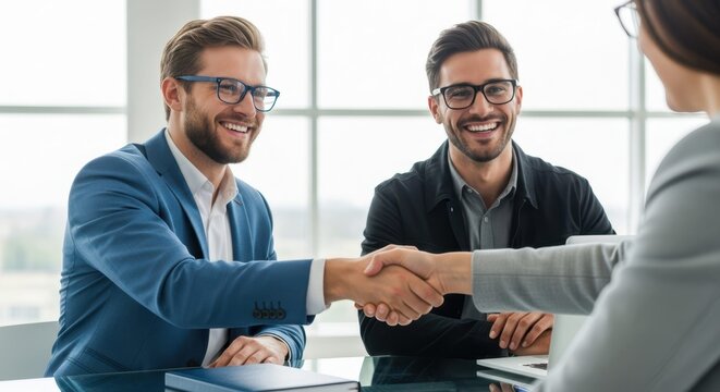 Two smiling businessmen shaking hands with a colleague across a desk in a bright modern office, symbolizing partnership, agreement, and successful professional collaboration
