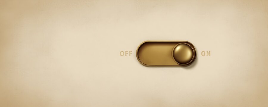 Vintage brass toggle switch displaying the off position on a textured neutral background